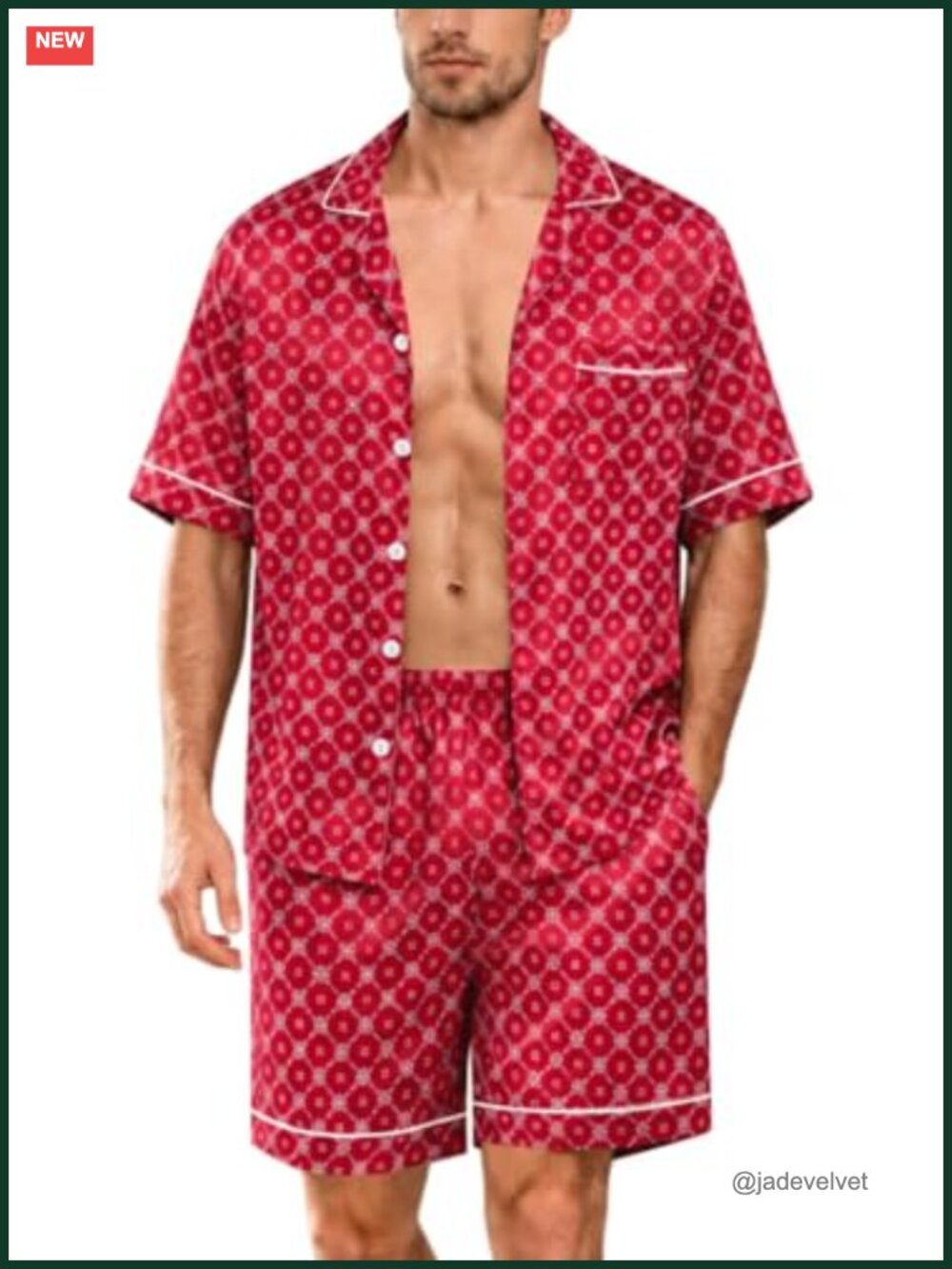 Men's Silk Satin Pajama Set Short Sleeve Button Down Loungewear with Pockets
